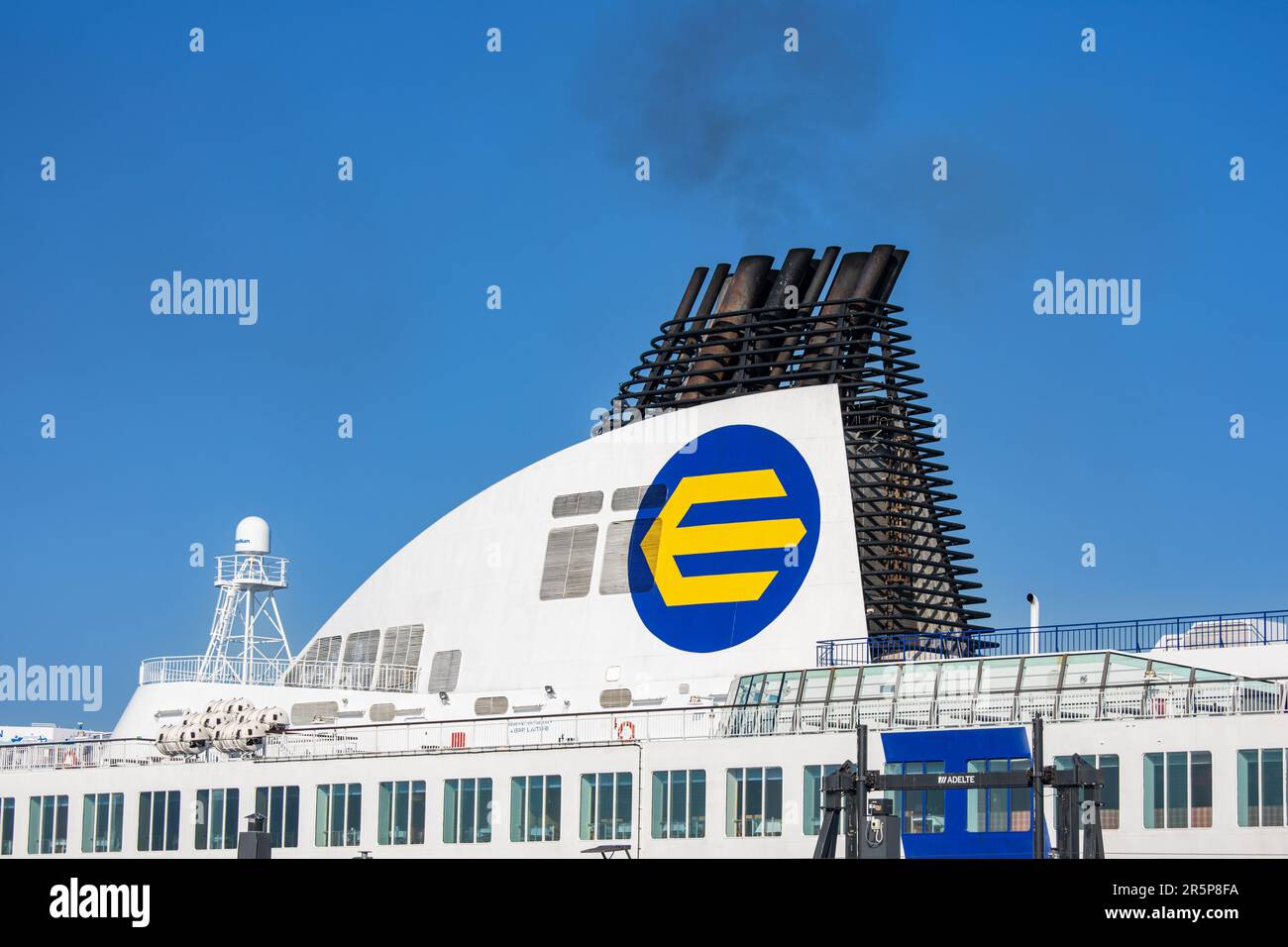 Funnel of Eckerö Line's cruise ferry M/S Finlandia against clear blue sky Stock Photo