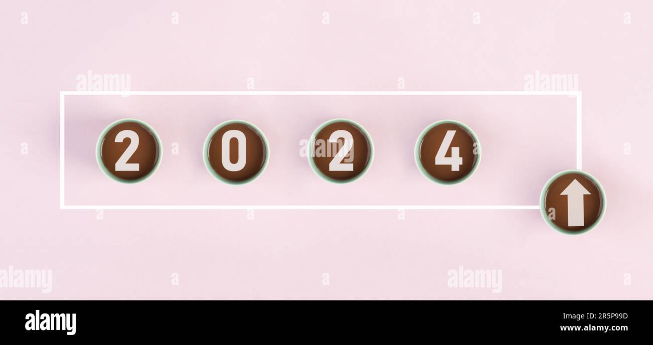 New year 2024 is loading, calendar date and coffee cups, end of the