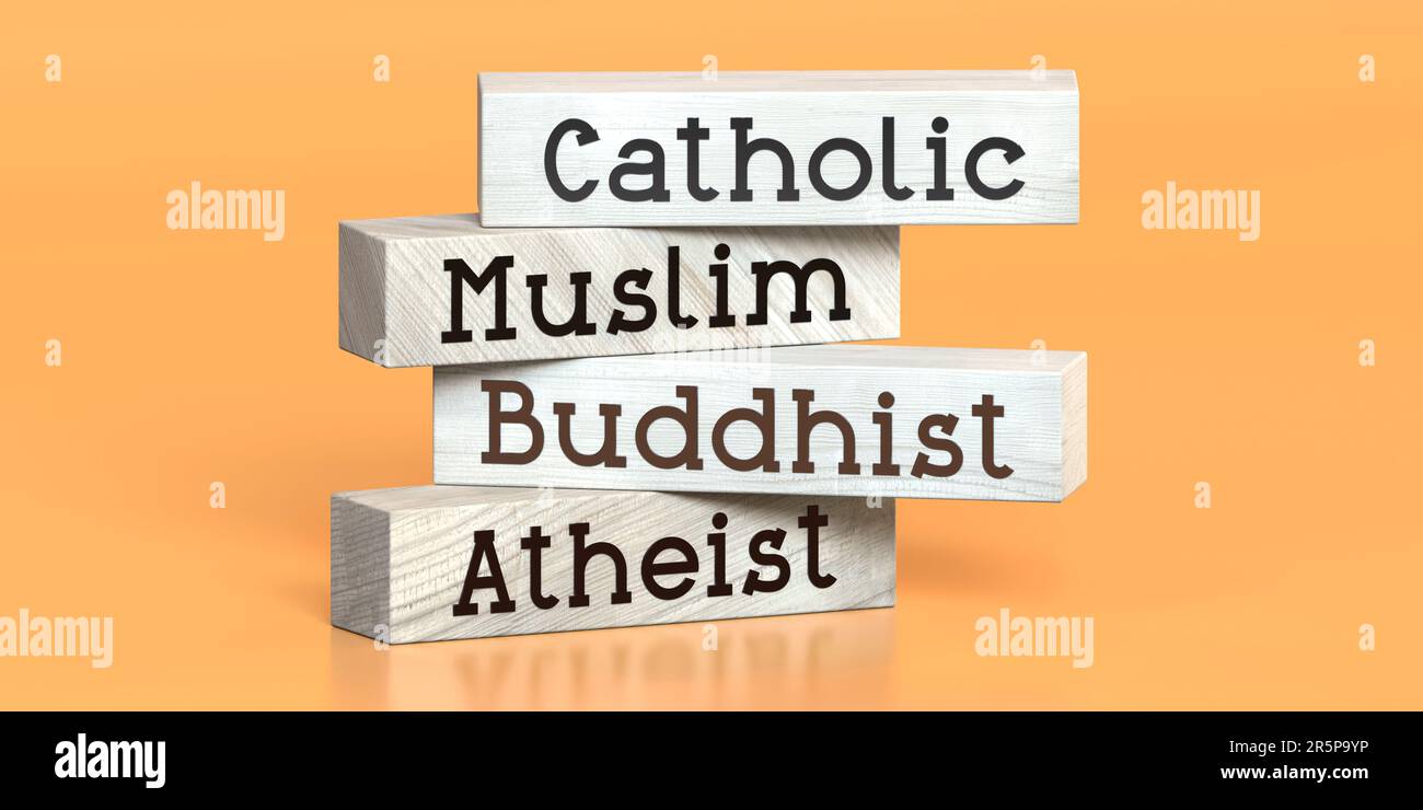 Catholic, muslim, buddhist, atheist - words on wooden blocks - 3D illustration Stock Photo