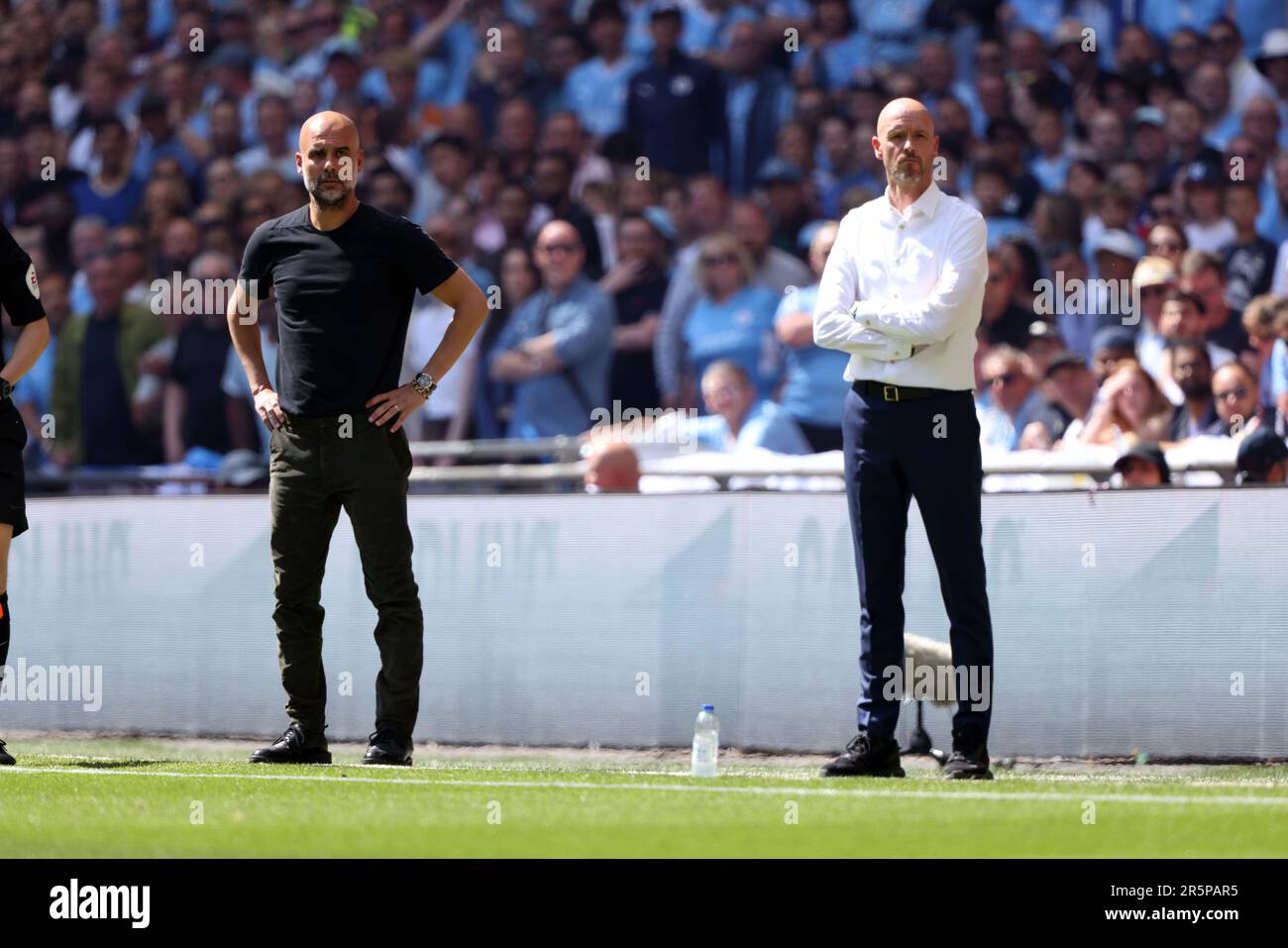 London, UK. 03rd June, 2023. Pep Guardiola (Man City manager) and Erik ten Hag (Man Utd manager) at the Emirates FA Cup Final Manchester City v Manchester United match at Wembley Stadium, London, UK on 3rd June, 2023. Credit: Paul Marriott/Alamy Live News Stock Photo