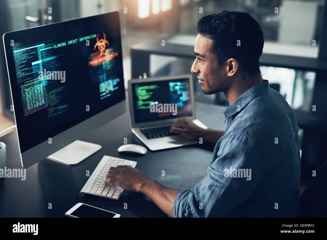 Programmer, screen and man typing, coding and internet connection with ...