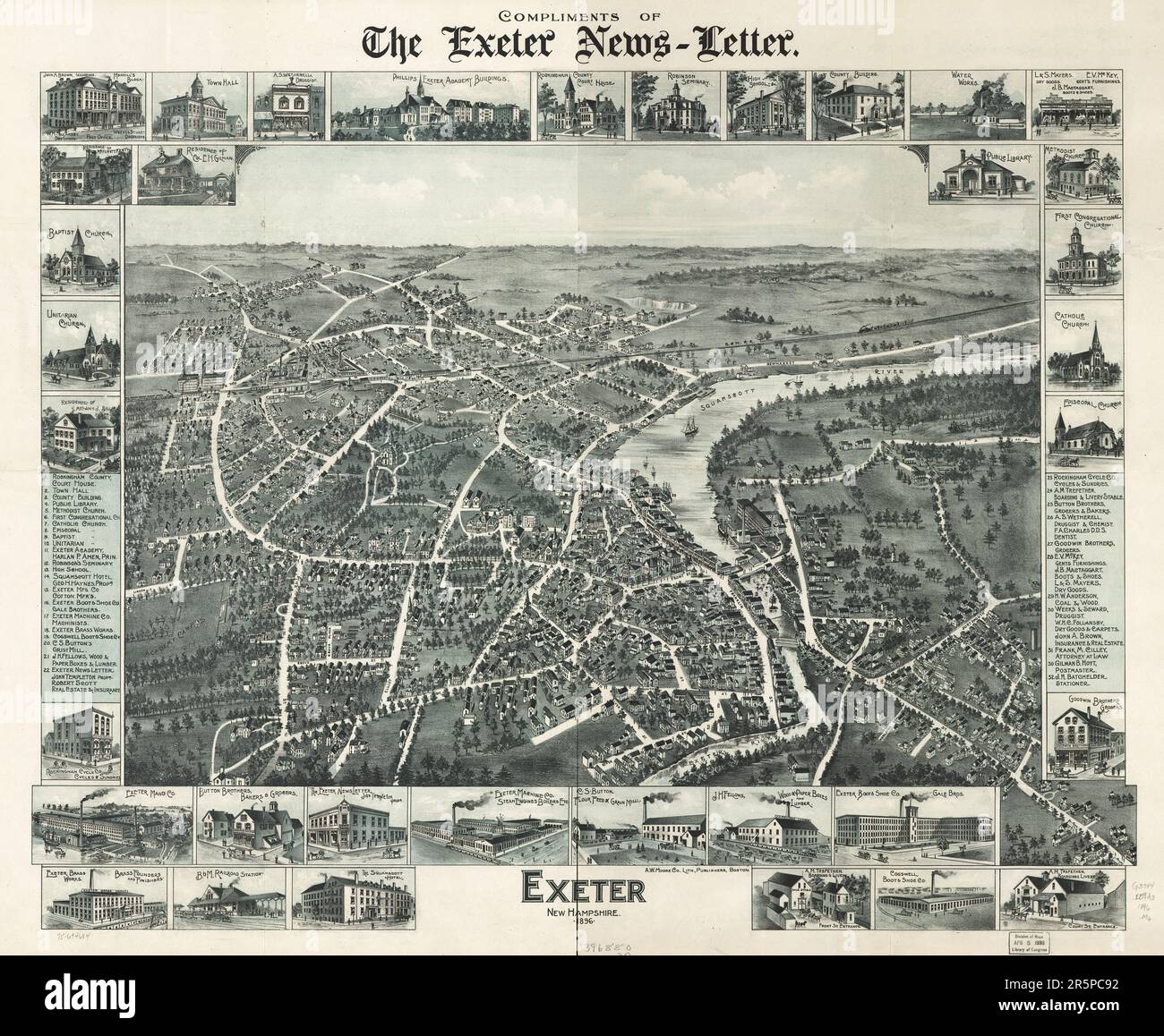 MAP Exeter, New Hampshire, 1896. Perspective map not drawn to scale. Bird's-eye-view. LC Panoramic maps Stock Photo