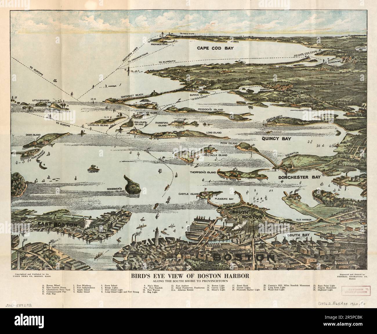 MAP Bird's eye view of Boston Harbor along the South Shore to Plymouth, Cape Cod Canal, and Provincetown : in colors : showing all steamboat routes. B Stock Photo