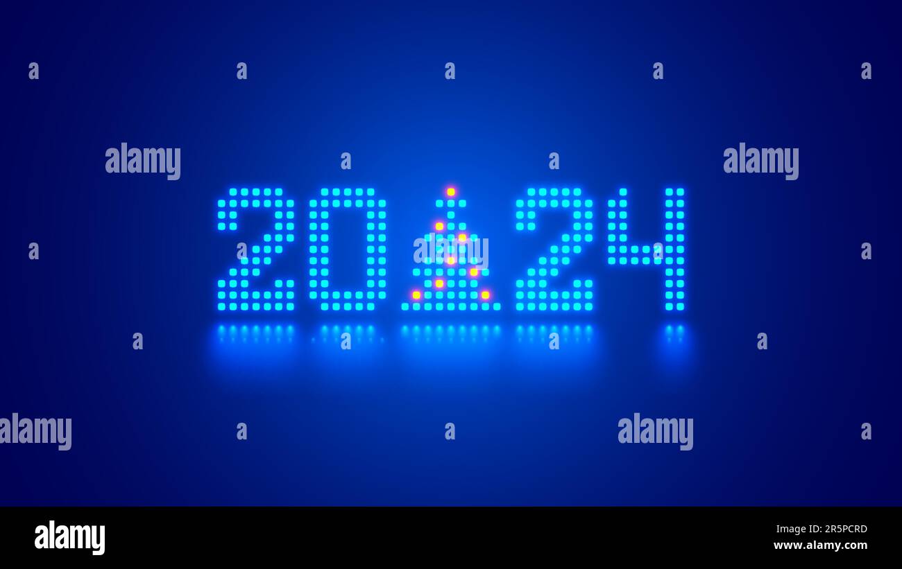 2024 digits, Christmas tree consist glowing pixels in technology style
