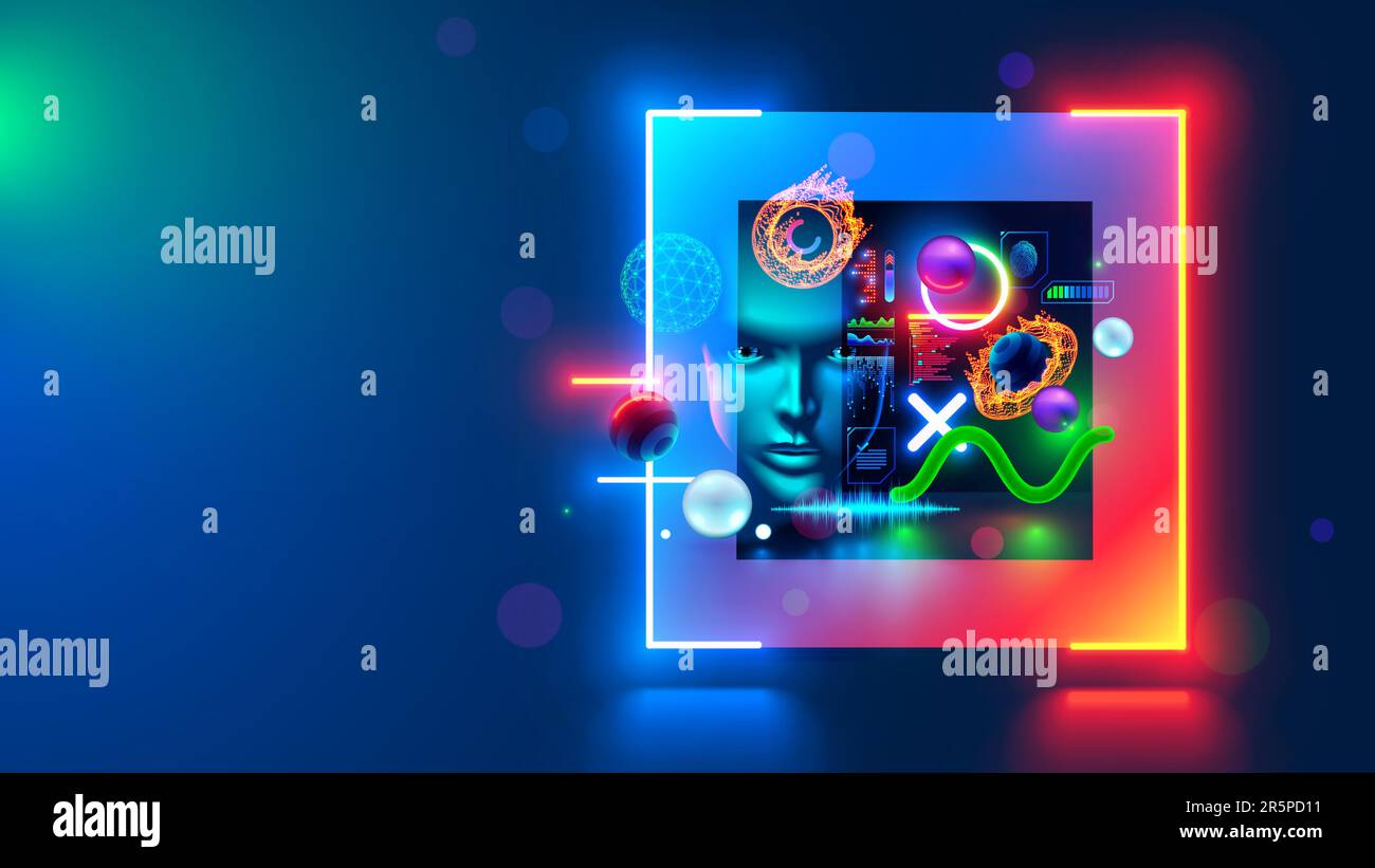 Technology abstract background. computer digital futuristic neon square frame with AI face, 3d geometric shapes in cyberspace. Artificial intelligence Stock Vector