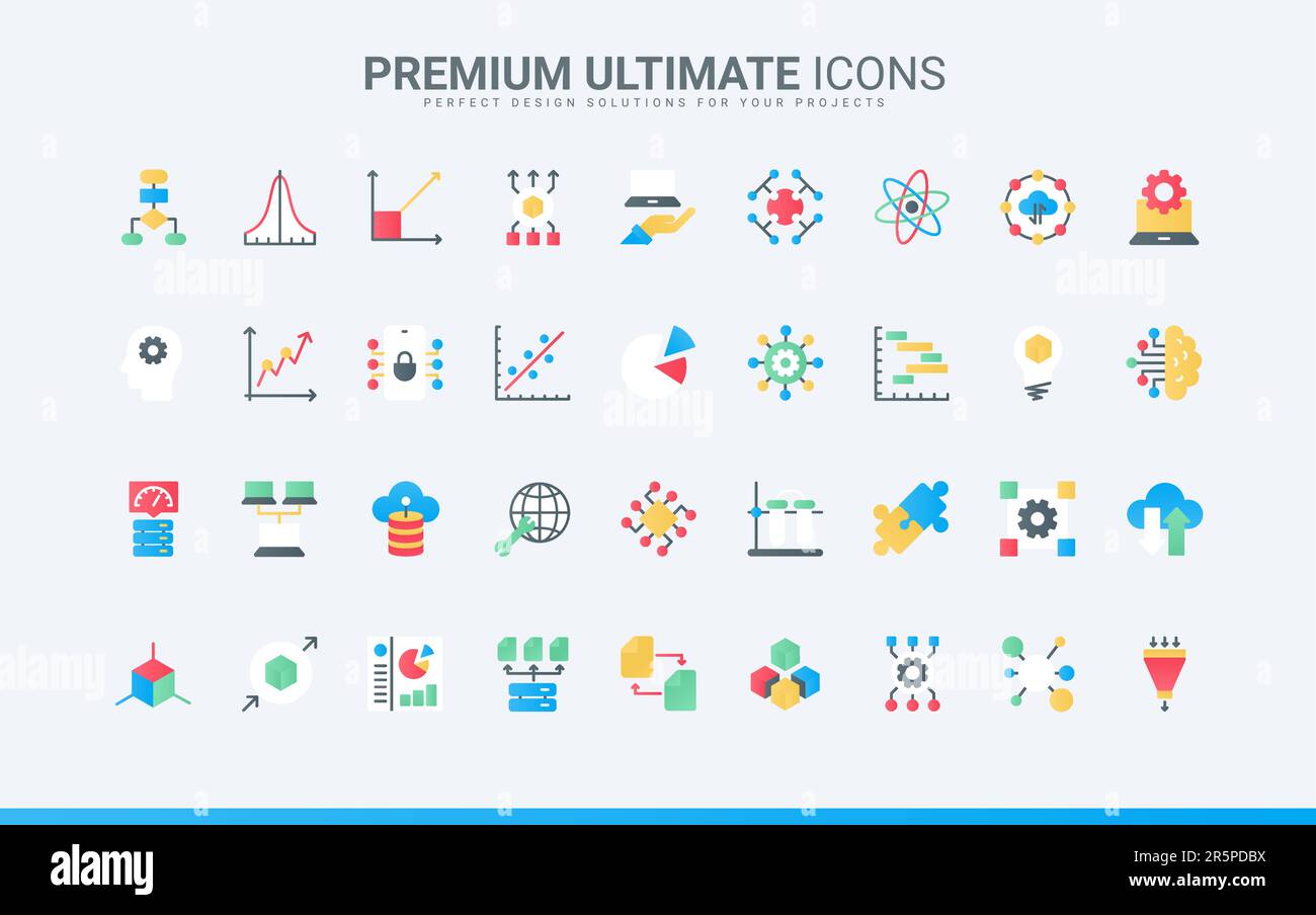 Machine learning, probability calculation, algorithms and system prediction. Data report and science model research, deep analysis with AI trendy flat icons set vector illustration Stock Vector