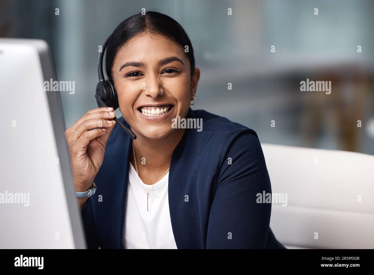 Happy call center, portrait and a woman with a computer at a desk for