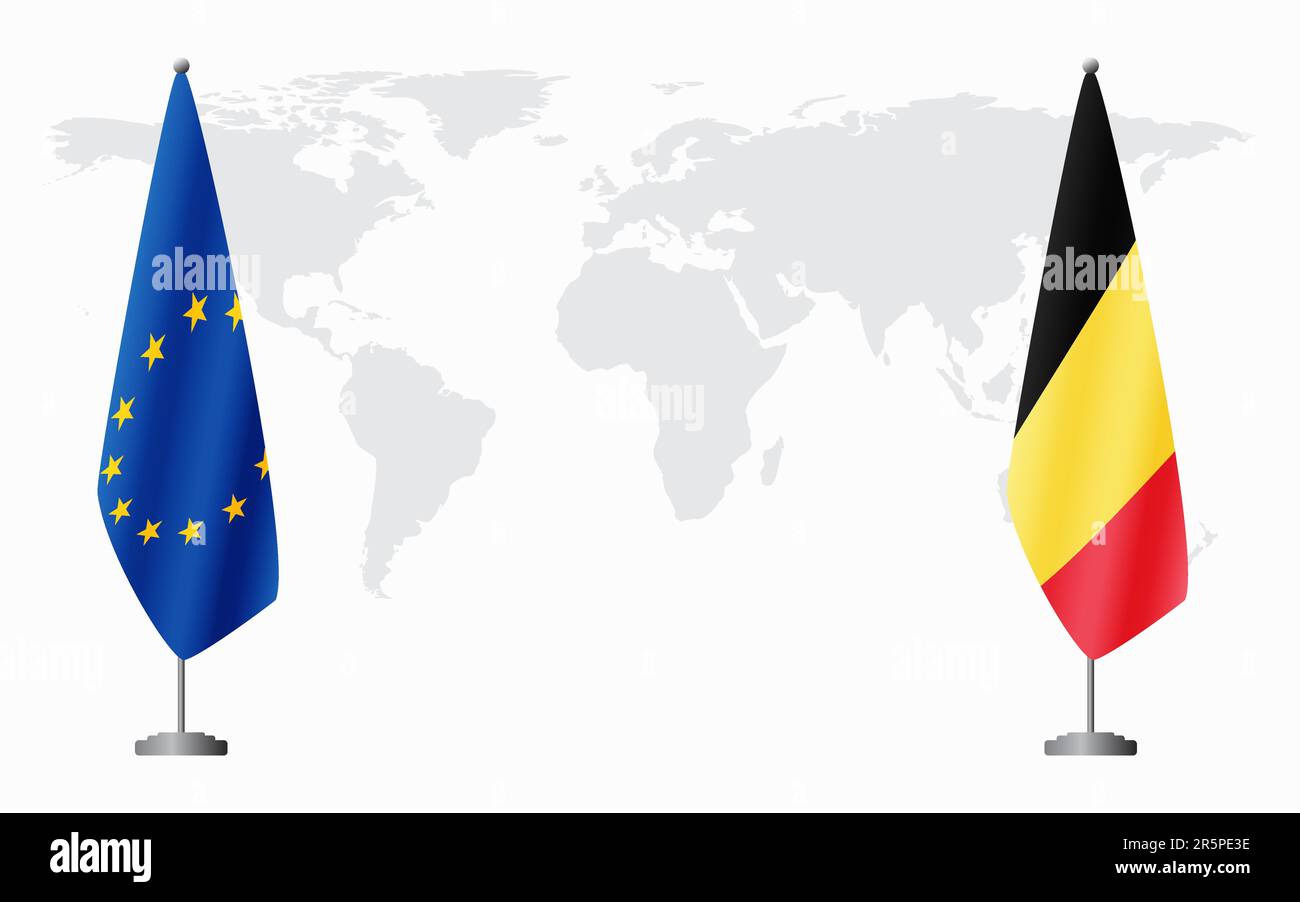 European Union and Belgium flags for official meeting against