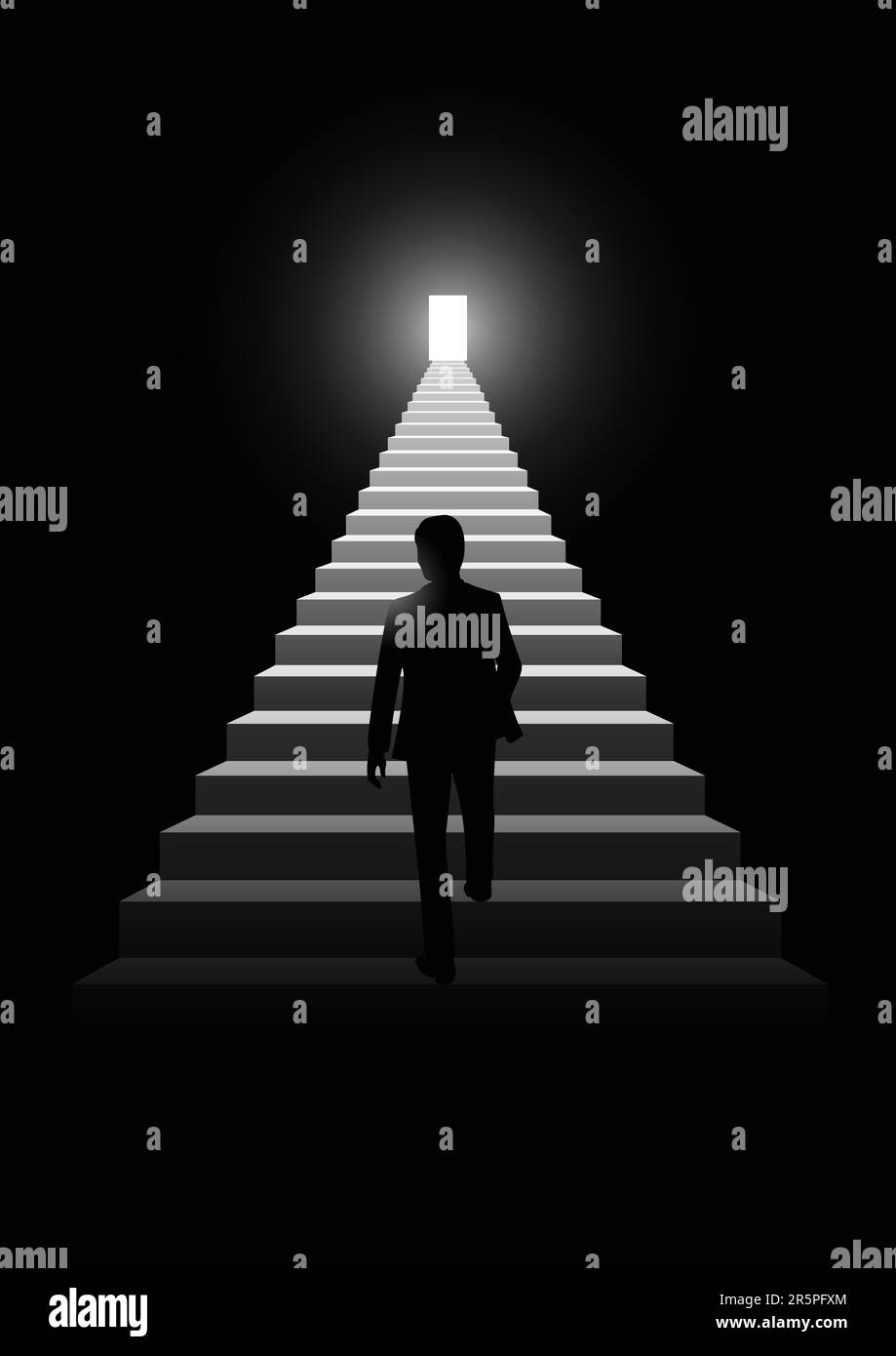 Silhouette illustration of a man walking on a stairway leading up to a bright door Stock Vector