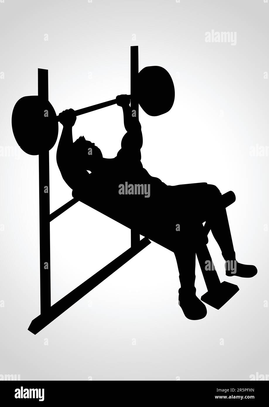 Silhouette cartoon of a man exercising using weight bench Stock Vector