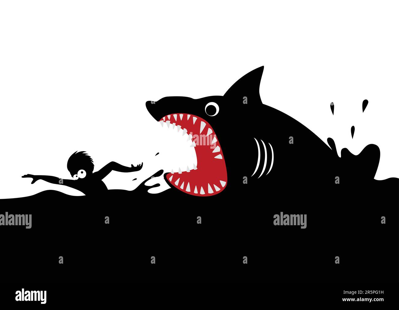 Cartoon illustration of a man swimming panic avoiding shark attacks Stock Vector