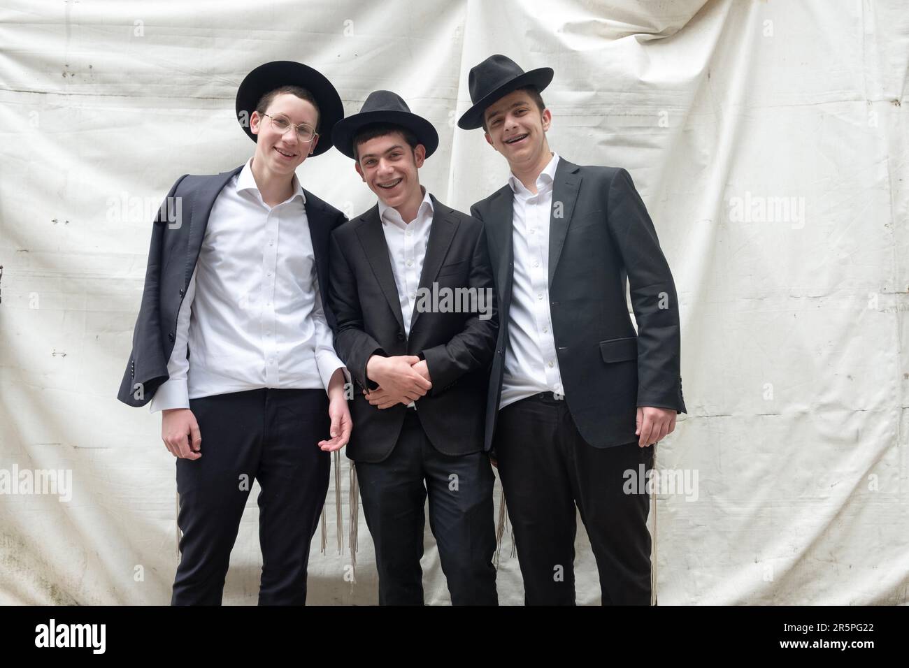 Three orthodox Jewish teenagers visiting a synagogue in Monsey for a Shabbat away from home. Stock Photo