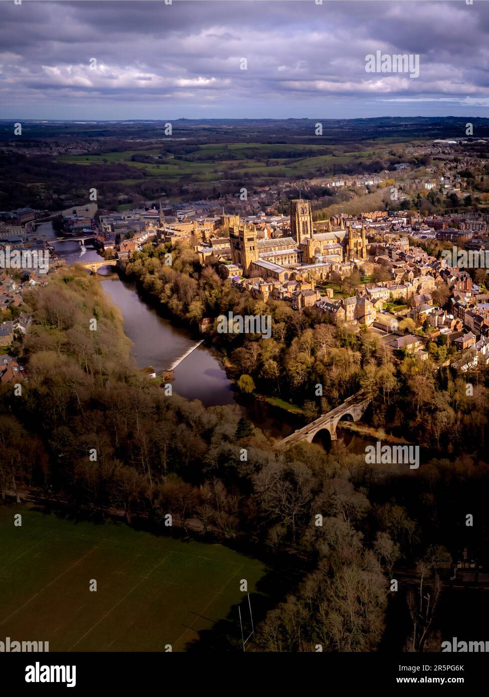 Stunning drone image of the City of Durham taken from above Observatory Hill on a beautiful winter morning. Stock Photo