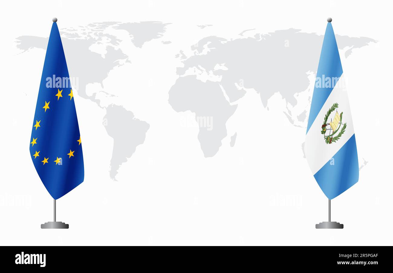 European Union and Guatemala flags for official meeting against background of world map. Stock Vector