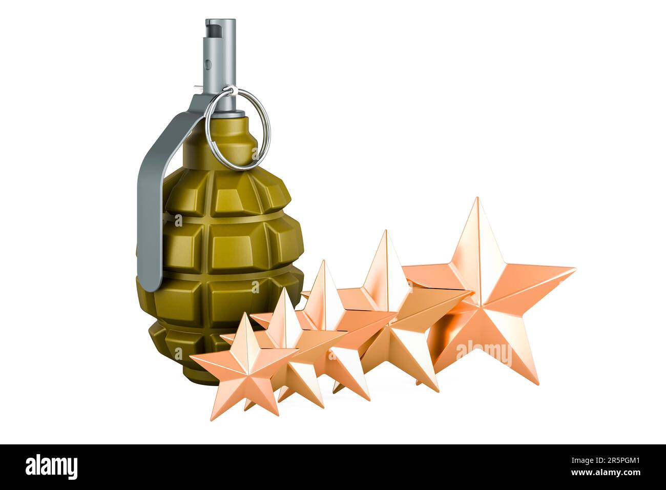 Hand grenade with five golden stars, 3D rendering isolated on white ...