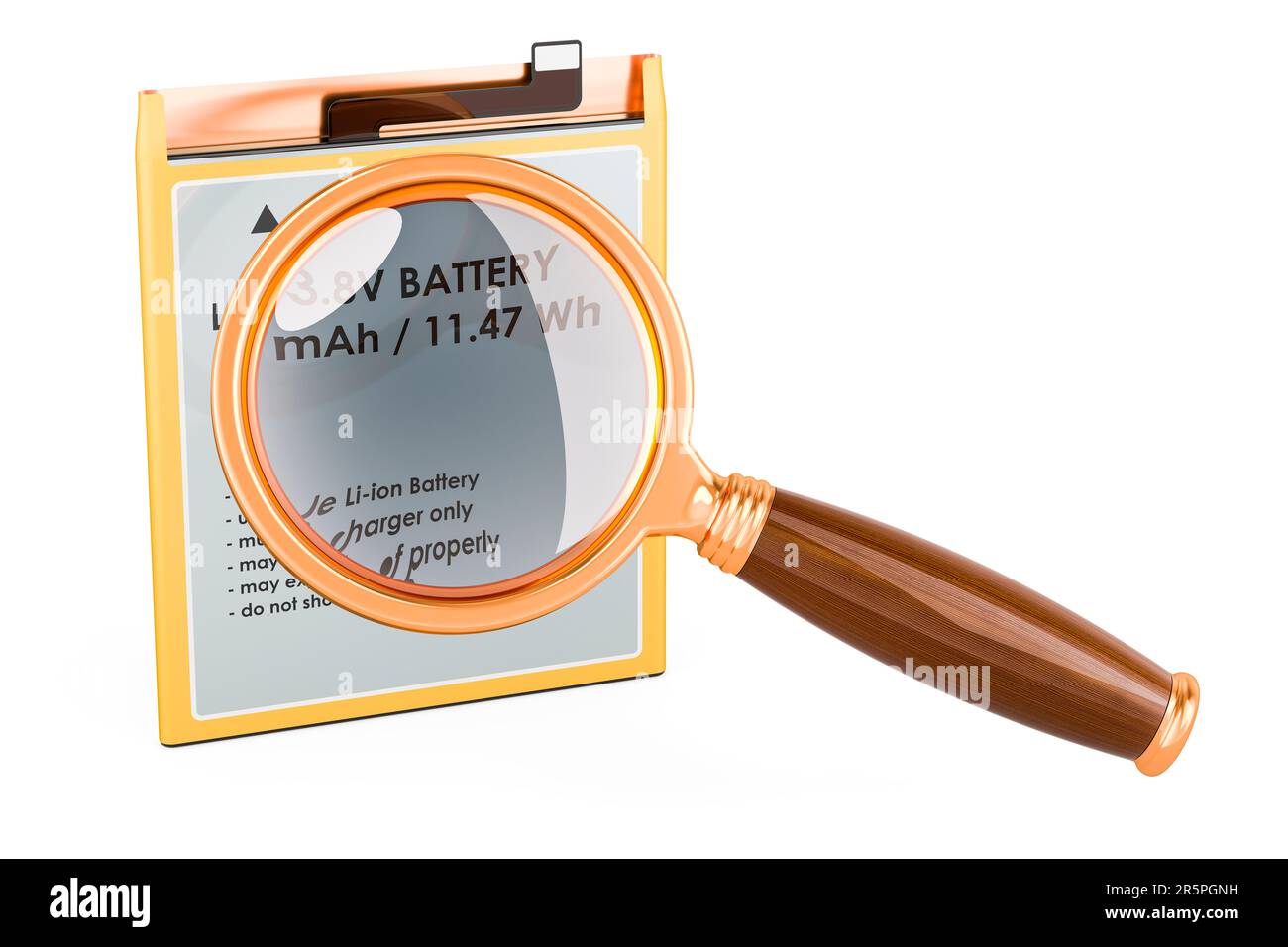 Lithium Ion Cell Phone Battery with magnifying glass. 3D rendering ...