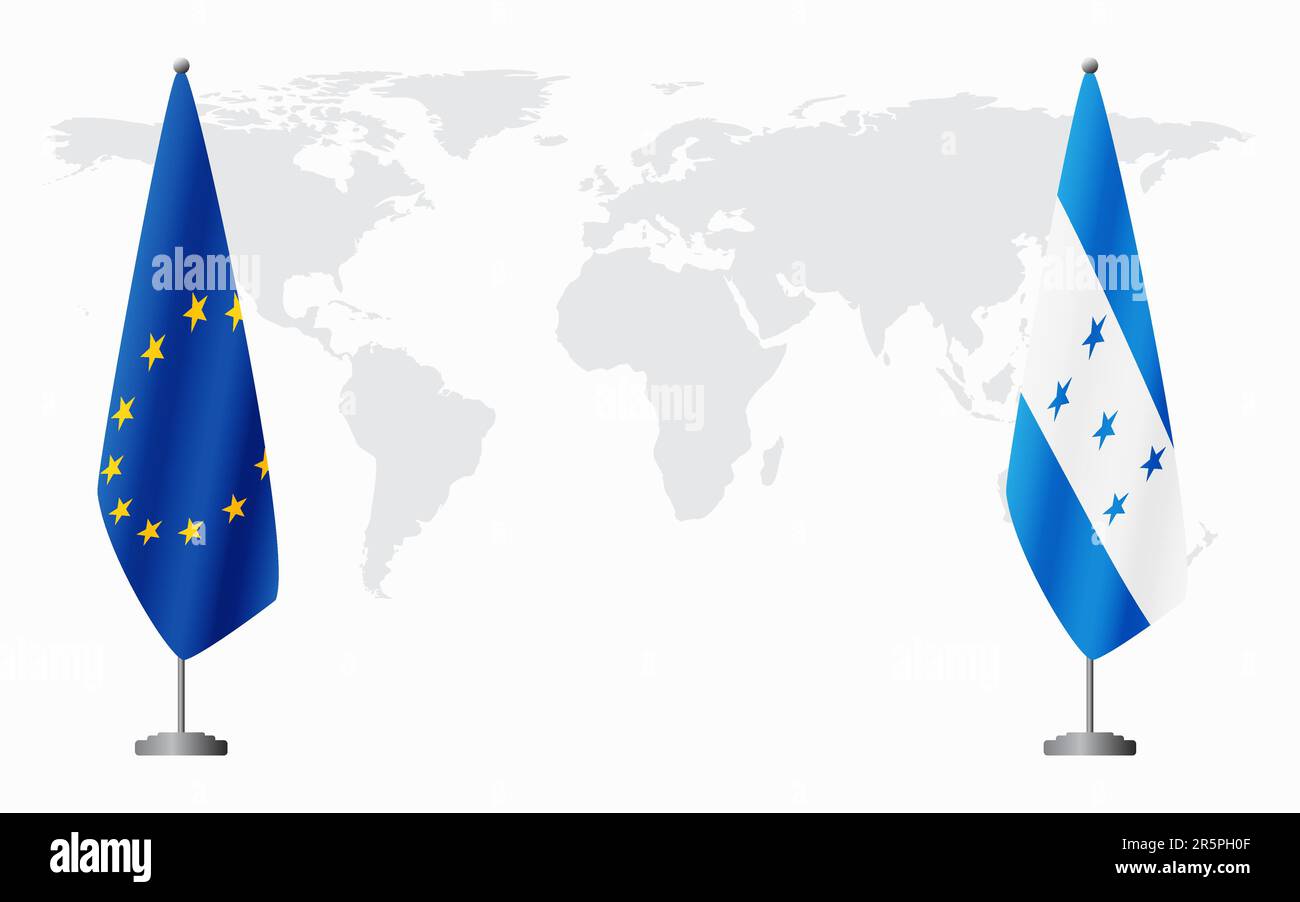 European Union and Honduras flags for official meeting against background of world map. Stock Vector