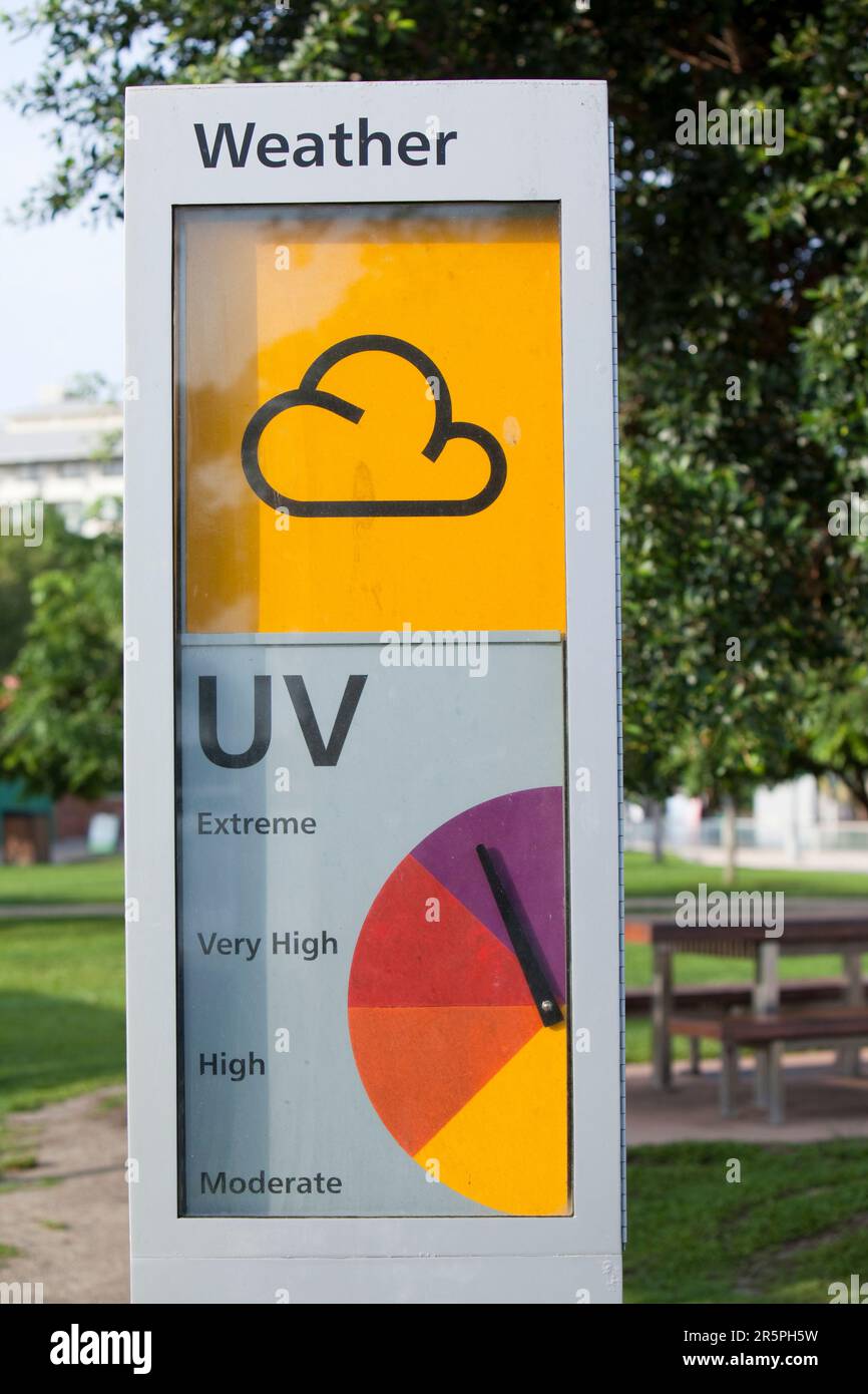 A weather forecast in Cairns, Queensland, Australia showing the UV levels at extreme Stock Photo