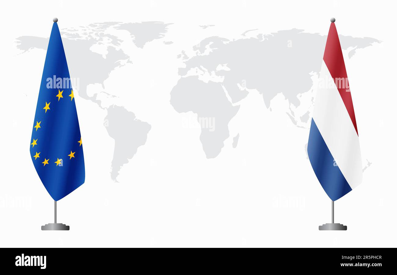 European Union and Netherlands flags for official meeting against background of world map. Stock Vector