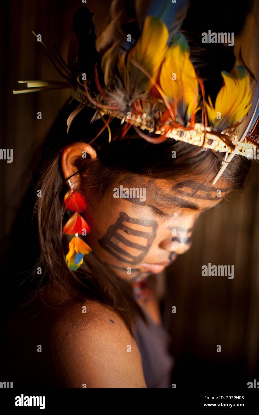 Portrait of an Oro Win girl in a head dress, Amazon Basin, Brazil. Stock Photo