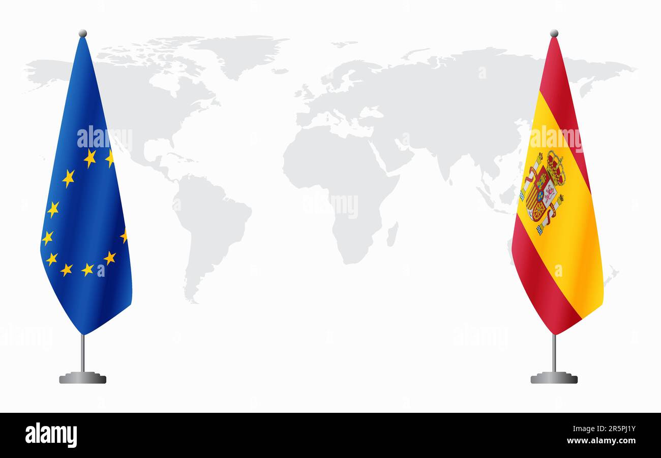 European Union and Spain flags for official meeting against background of world map. Stock Vector