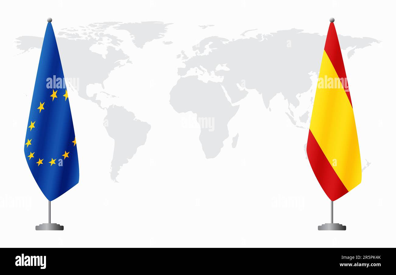 European Union and civil Spain flags for official meeting against background of world map. Stock Vector