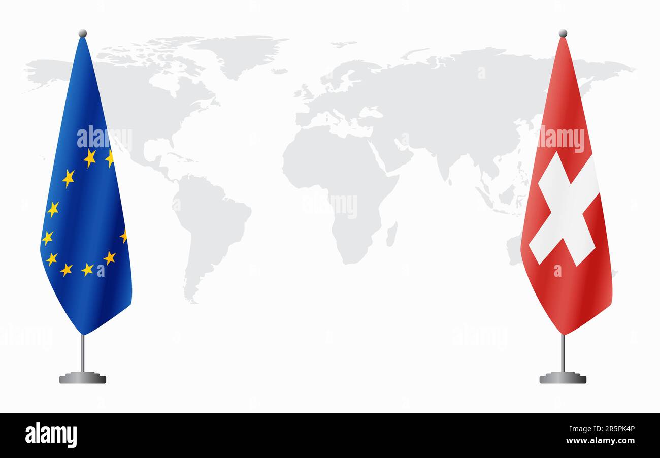 European Union and Switzerland flags for official meeting against