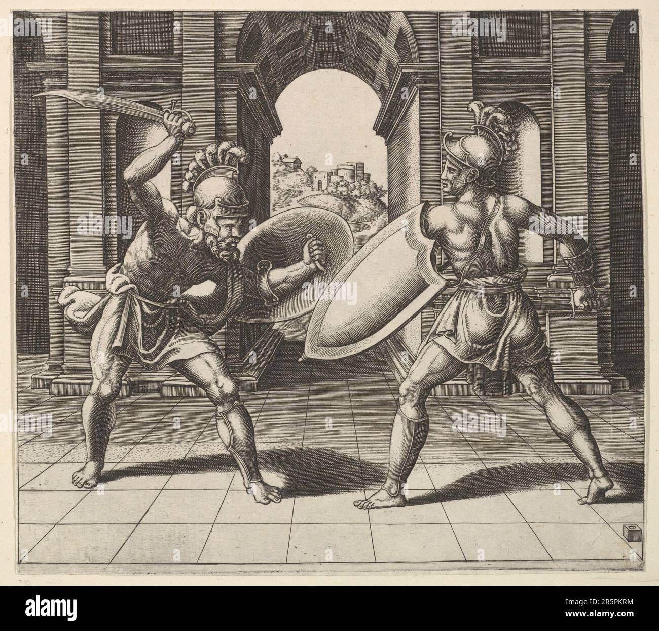 Two gladiators fighting in front of an arch - Artist: Master of the Die (Italian, active Rome, ca. 1530–60)  Artist: After Giulio Romano (Italian, Rom Stock Photo
