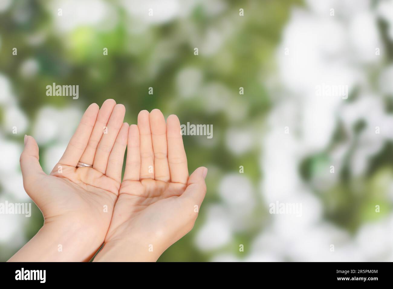 Closeup of woman open two empty hands with palms up for pray to God and blessing on green blur background Stock Photo