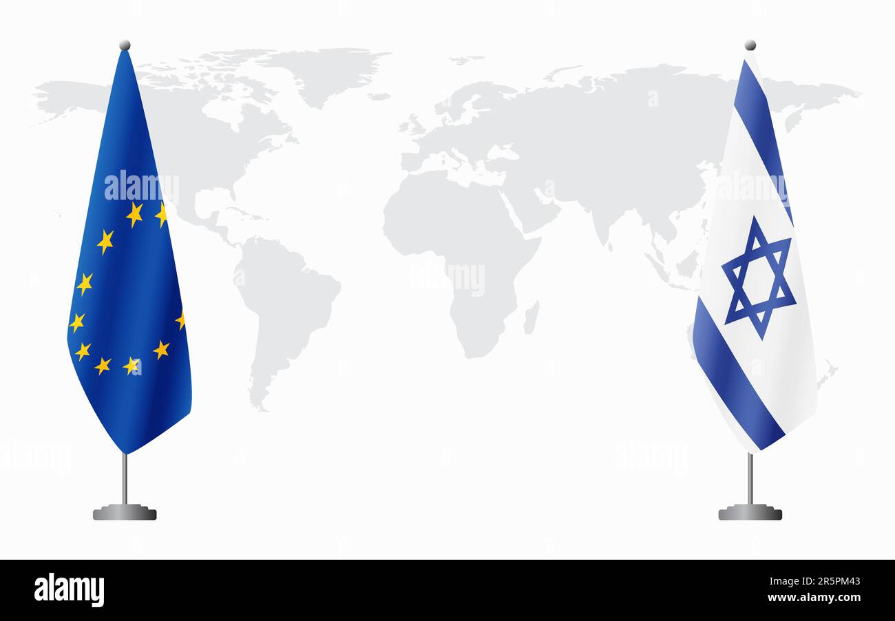 European Union and Israel flags for official meeting against background of world map Stock