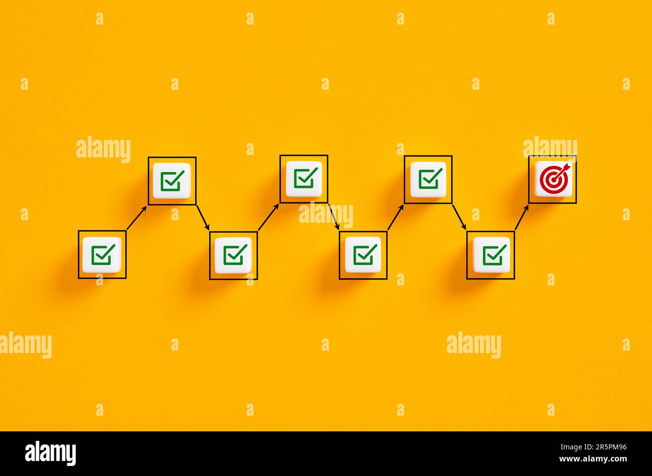 Business goal achievement, workflow and task completion flowchart. Managing project timeline. Business checklist and target goal icons on white cubes Stock Photo