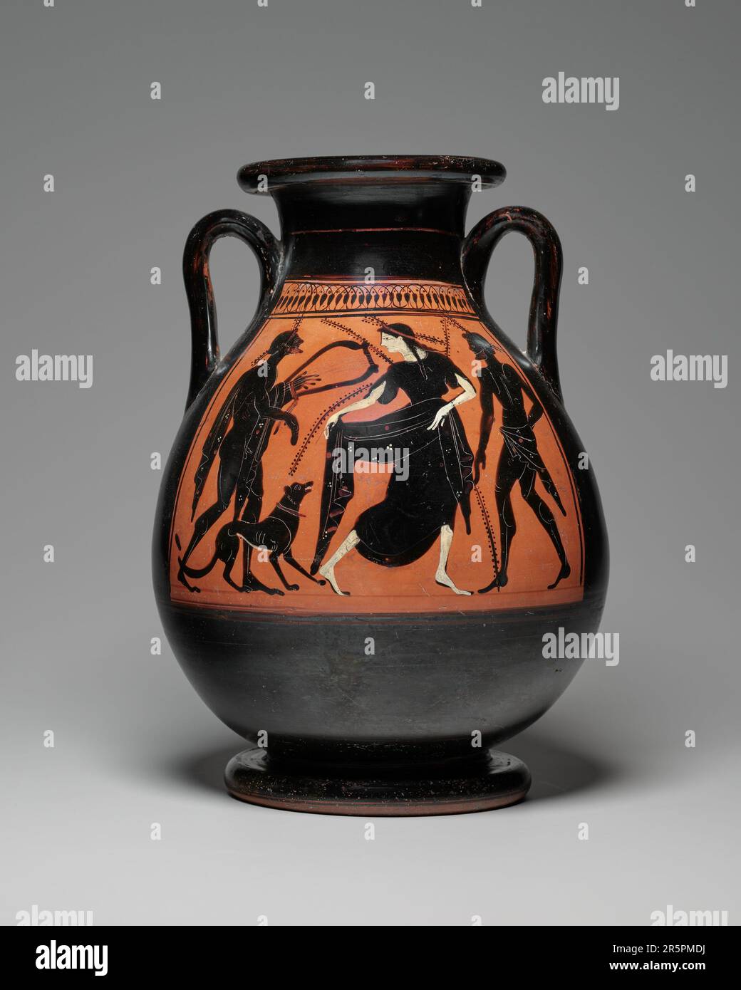 Pelike (Storage Jar) Date: about 510-500 BCE Greek; Athens,ancient storage vessel is decorated in the black-figure techniqu Stock Photo