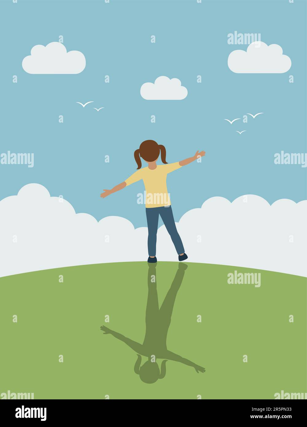 little girl dream about flying with birds in the sky Stock Vector Image ...