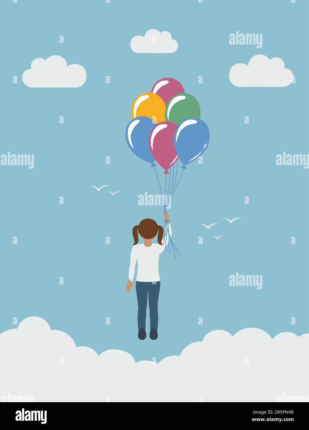 little girl flies with balloons in the sky childs dream Stock Vector ...