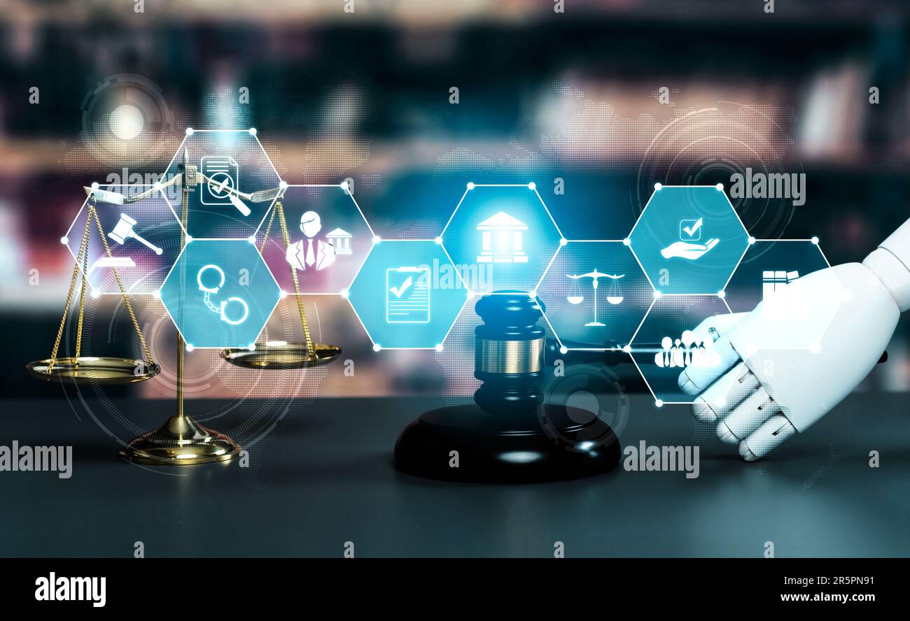 AI related law concept shown by robot hand using lawyer working tools