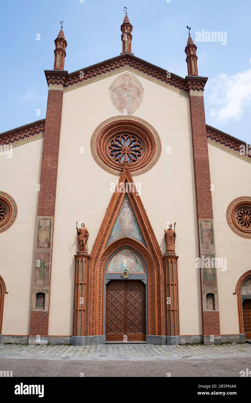 The Enchanting Facade of San Donato Cathedral in Pinerolo, Italy Stock Photo
