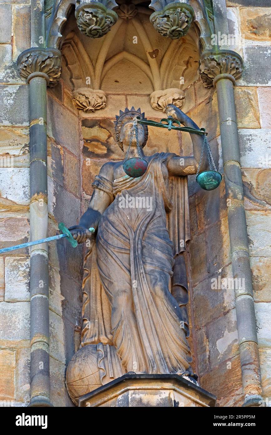 HMP - Her Majestys Prison Lancaster Castle, lady justice, statue secure, penitentiary, Castle Grove, Lancaster, Lancashire, England, UK, LA1 1YN Stock Photo