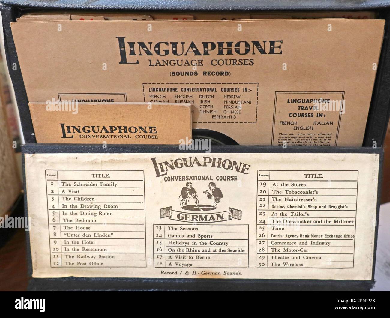 Linguaphone vinyl German language course, records for conversational travel German, 1930s Stock Photo
