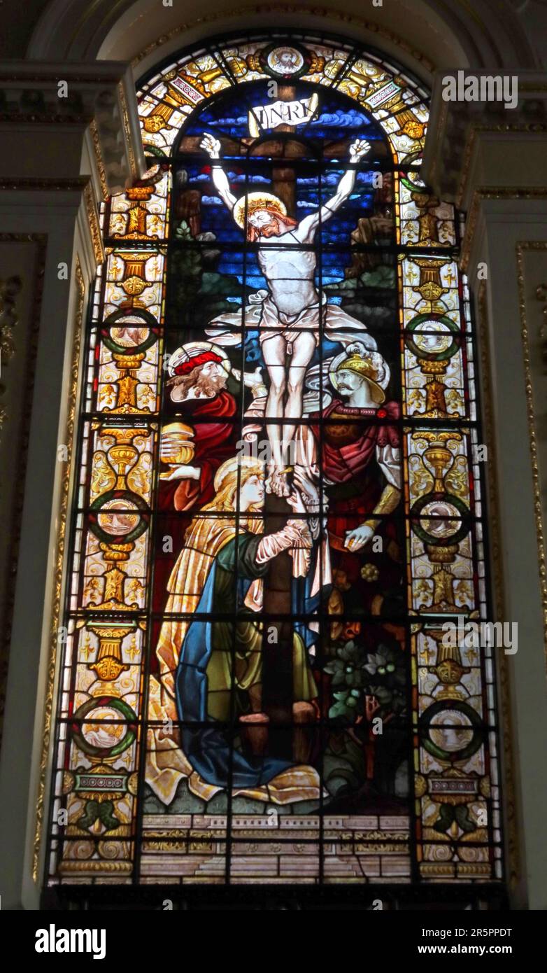 Holy Trinity C of E Church Crucifixion stained glass window, Market Gate, Sankey St, Warrington , Cheshire, England, UK, WA1 1XG Stock Photo