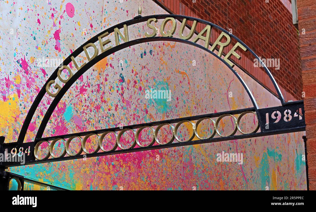 Entrance to the Golden Square Shopping Centre in Warrington, photographed in 1984, showing colourful 1980s retail design and town-centre shopping Stock Photo