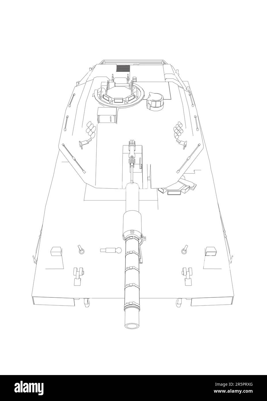 Isolated vector image for military concepts. Military tank. Military equipment. Blueprint of realistic tank. Detailed armored car. Industrial drawing. Stock Vector