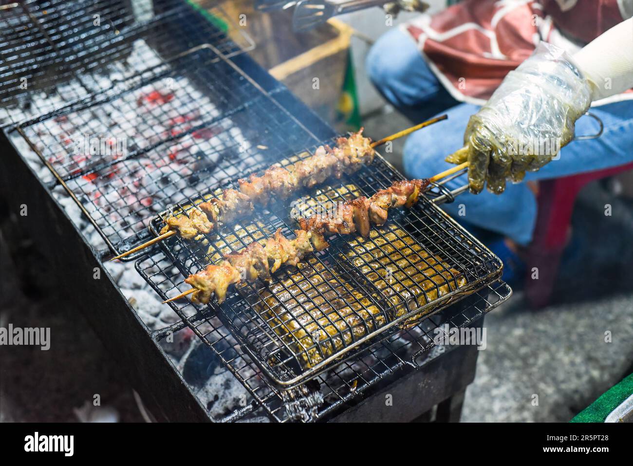Many meat skewers kebab in vietnamese night market in food festival