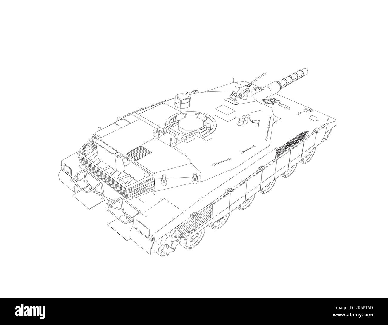 Isolated vector image for military concepts. Military tank. Military equipment. Blueprint of realistic tank. Detailed armored car. Industrial drawing. Stock Vector