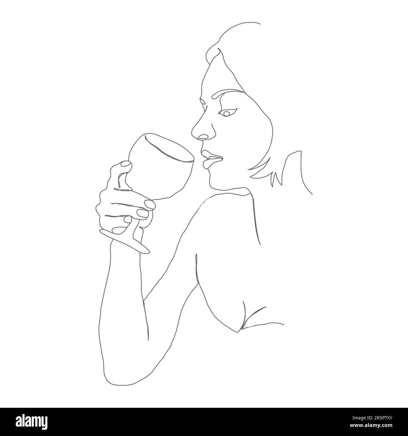 Abstract portrait of a woman with a glass in a linear style