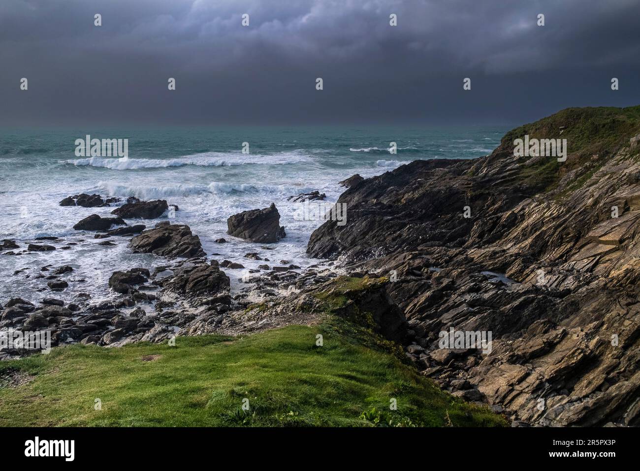 Storm Claudio approaching Towan Head over Newquay Bay in Cornwall in England in the UK. Stock Photo