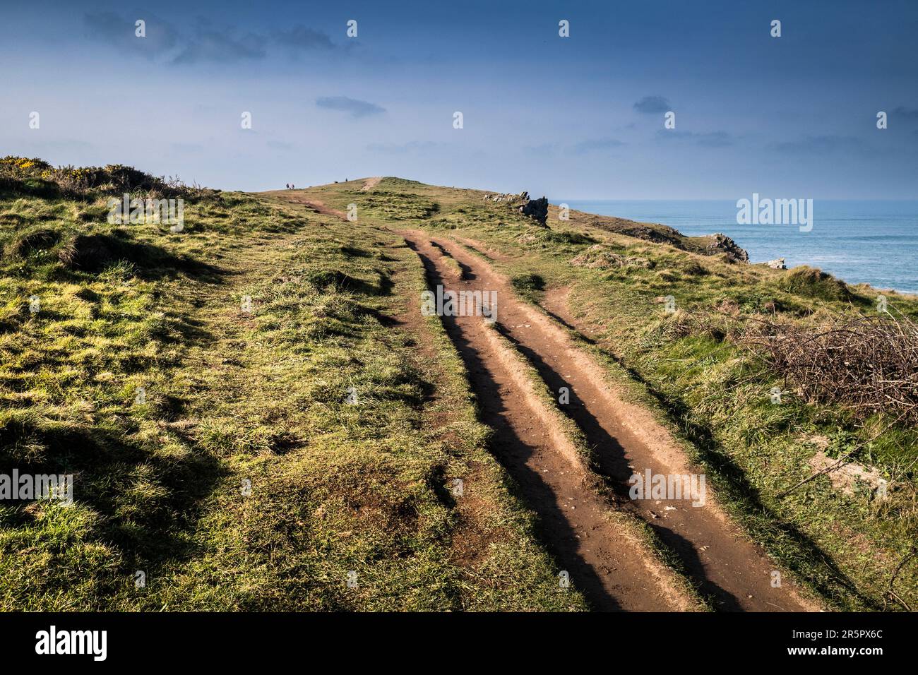 A worn and eroded footpath leading up to Pentire Point East in Newquay in Cornwall in England in the UK. Stock Photo