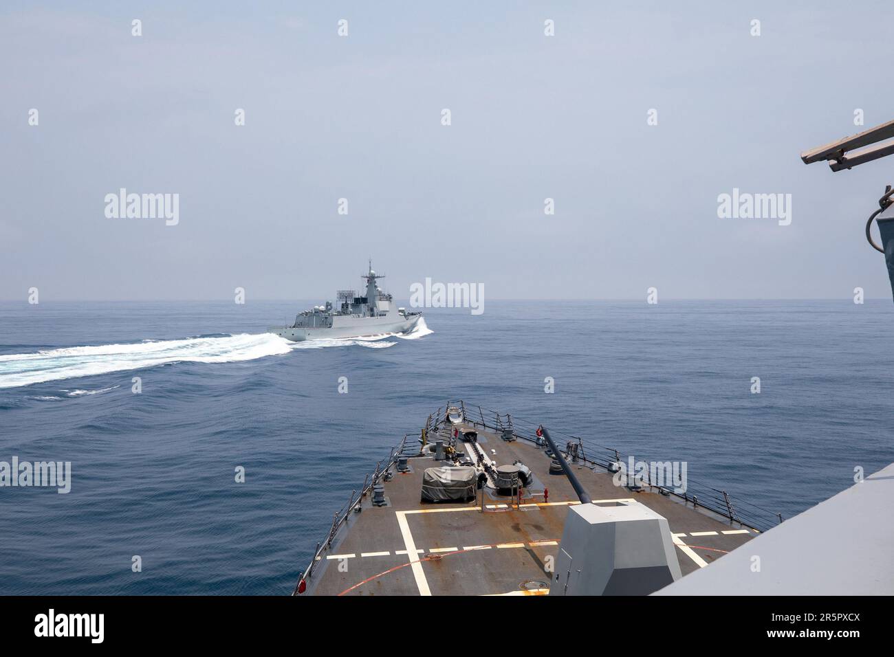 Washington, United States. 03rd June, 2023. The Arleigh Burke-class guided-missile destroyer USS Chung-Hoon (DDG 93) observes PLA(N) LUYANG III DDG 132 (PRC LY 132) execute maneuvers in an unsafe manner while conducting a routine south-to-north Taiwan Strait transit alongside the Halifax-class frigate HMCS Montreal (FFG 336), on June 3, 2023. Photo by U.S. Navy/UPI Credit: UPI/Alamy Live News Stock Photo