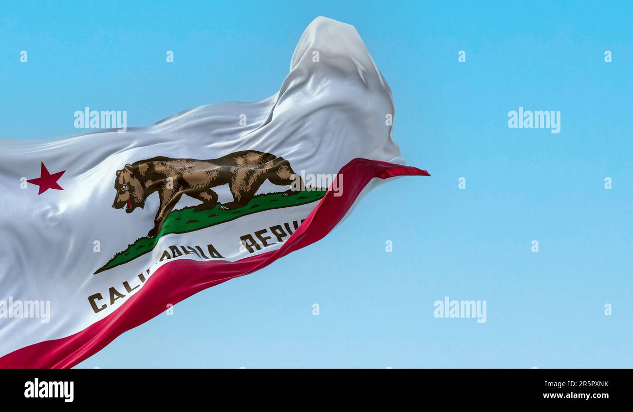 California State flag waving in the wind on a clear day. California flag is also the Bear Flag. 3d illustration render. Rippled Fabric. Stock Photo