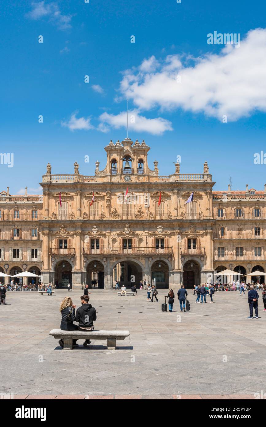 Salamanca Baroque square, view in summer of the grand town hall sited within the baroque Plaza Mayor in the historic Spanish city of Salamanca, Spain Stock Photo