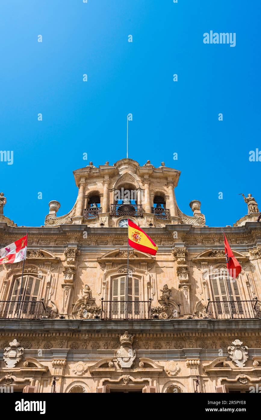 Spain baroque architecture, upper detail of the town hall building sited within the north side of the Plaza Mayor, historic baroque city of Salamanca. Stock Photo